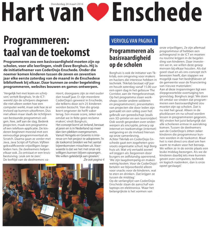 Artikel Coderdojo Enschede in Hart van Enschede 24 maart 2016